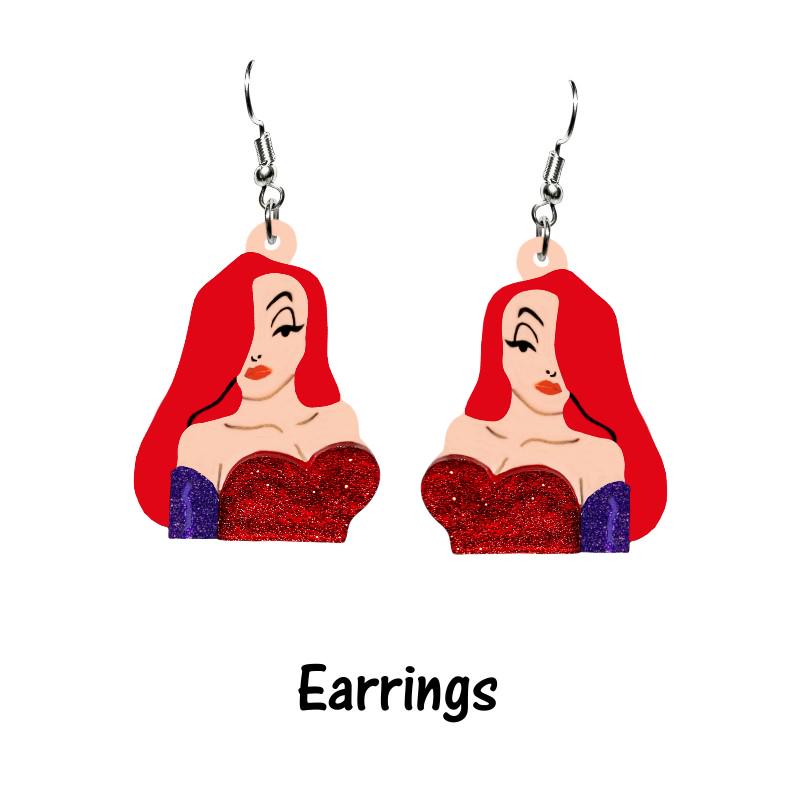 Jessica Rabbit Earrings and/or Brooch Pin - Acrylic Pinup Doll - Retro Vintage, Classic, Pin up Rockablilly