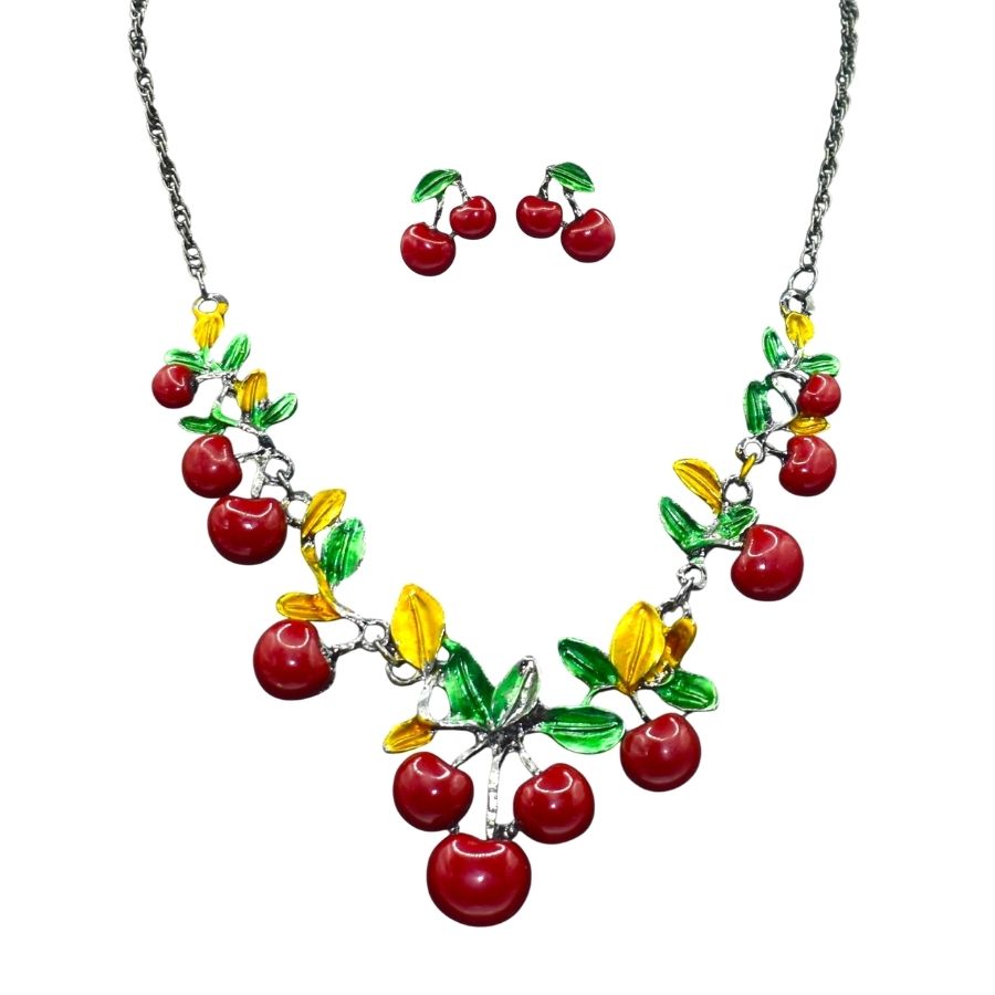 Metal Cherry Necklace and Earrings Set - Vintage, Classic, Pinup