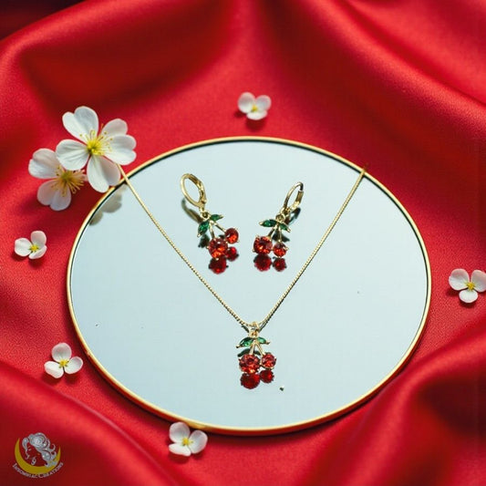 Cherry Rhinestone Necklace and Earrings Set