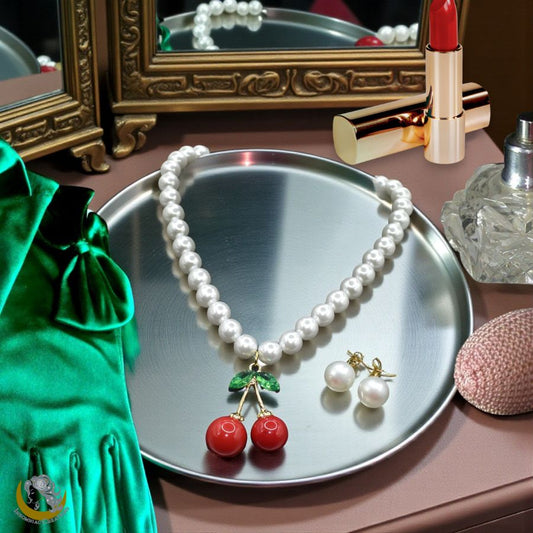 Chunky Pearl Earrings and Necklace with a Large Metal Cherry pendant - Vintage, Classic, Pinup