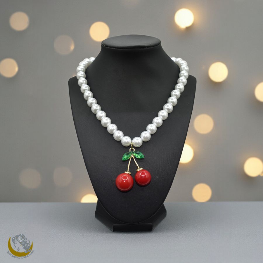 Chunky Pearl Earrings and Necklace with a Large Metal Cherry pendant - Vintage, Classic, Pinup