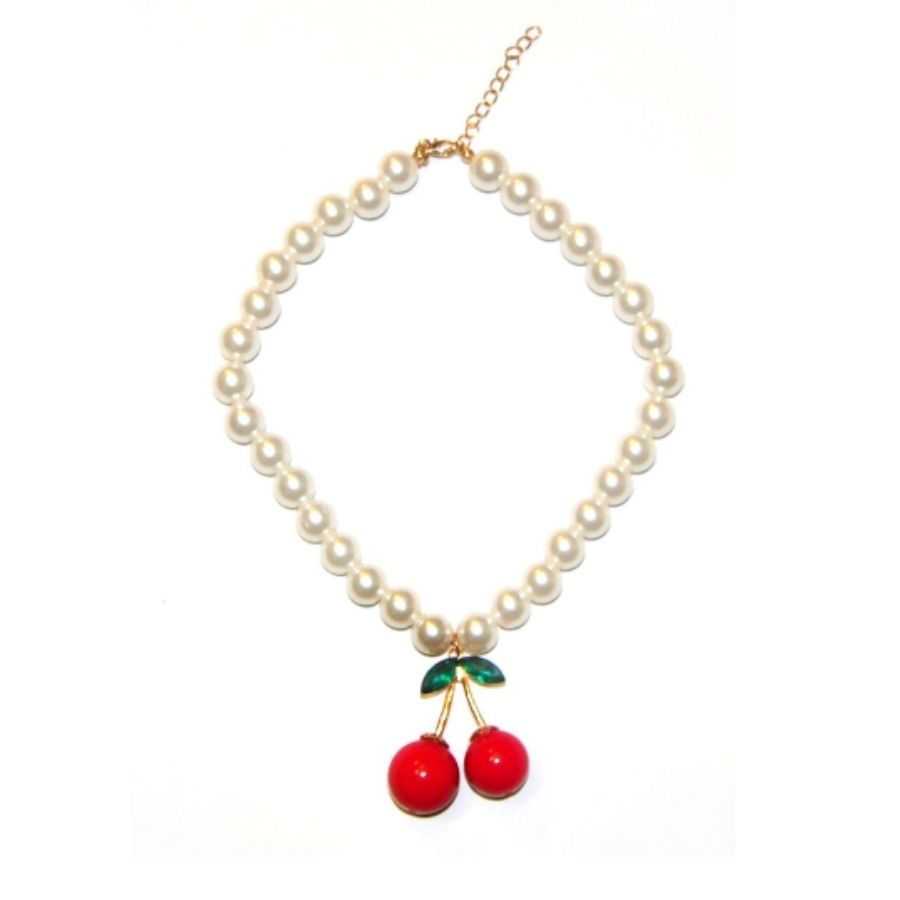 Chunky Pearl Earrings and Necklace with a Large Metal Cherry pendant - Vintage, Classic, Pinup