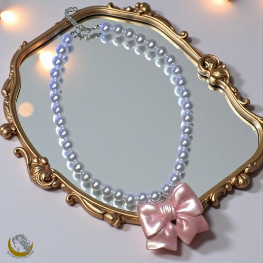 Chunky Pearl Bow Necklace - Hand Carved Bow