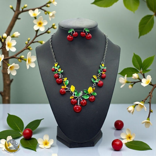 Metal Cherry Necklace and Earrings Set - Vintage, Classic, Pinup