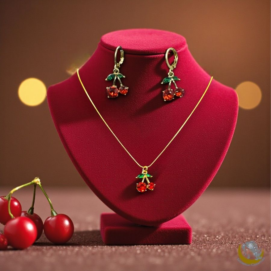 Cherry Rhinestone Necklace and Earrings Set