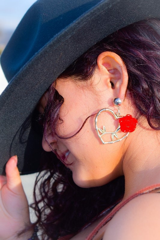 Bamboo Heart Hoop Earrings - Retro, Vintage, Classic, Pinup Rockablilly Doll Wedding Fairytale