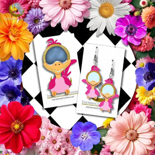 Whimsical Bird Mirror Earrings or Brooch - Wonderland Inspired